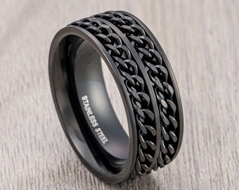 Black Stainless Steel Band, Double Black Cuban Chain Inlay, Comfort Ring, Men’s Wedding Band, Engagement Ring, Unique Wedding Ring, 8mm Ring