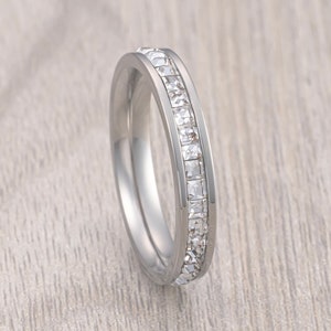White Gold Princess Cut Women&#39;s Eternity Titanium Ring Wedding Band with CZ, Wedding Band, Engagement Ring, Unique Wedding Rings, 4mm ring
