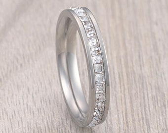 White Gold Princess Cut Women&#39;s Eternity Titanium Ring Wedding Band with CZ, Wedding Band, Engagement Ring, Unique Wedding Rings, 4mm ring