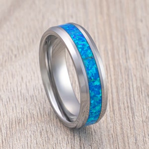 Silver Tungsten Wedding Band, Blue Opal Inlay, Engagement Ring, Anniversary Ring, Men’s Wedding Band Comfort Fit, Blue Opal Ring 6mm ring