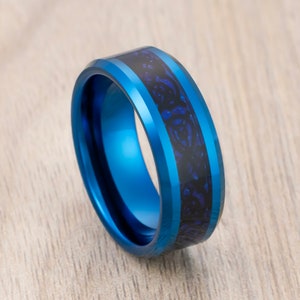 Blue Tungsten Wedding Band, Black Celtic Dragon Ring, Engagement Ring, Comfort Fit, Men&#39;s Wedding Band, Celtic Wedding Ring 8mm Ring
