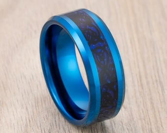 Blue Tungsten Wedding Band, Black Celtic Dragon Ring, Engagement Ring, Comfort Fit, Men&#39;s Wedding Band, Celtic Wedding Ring 8mm Ring