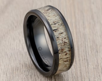 Alianza de boda de cerámica negra para hombre con incrustación de asta de ciervo y bordes biselados, alianza para hombre, anillo de compromiso, anillos de boda únicos, anillo de 8 mm