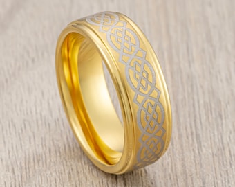 Gold Tungsten Wedding Ring, Gold Celtic Ring, High Polish Celtic Knot Pattern, Stepped Edges, Men’s Wedding Band, Engagement Ring, 8MM ring