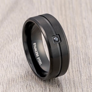 Schwarzes Edelstahlband, schwarzer CZ-Diamant, abgeschrägte Kanten, Nutring, Ehering für Männer, Verlobungsring, einzigartige Trauringe 8mm Ring