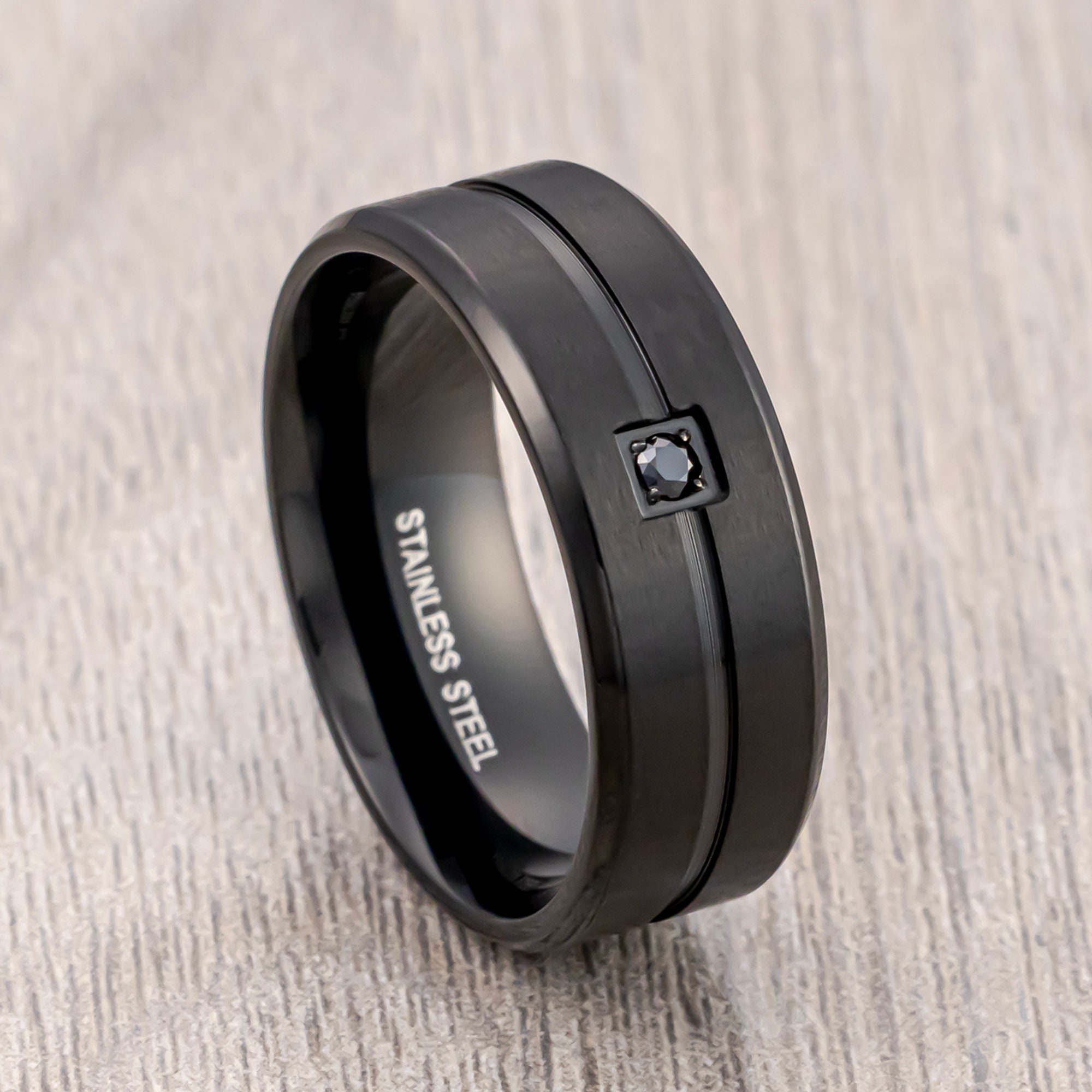 Black Stainless Steel Band, Black CZ Diamond, Beveled Edges Groove ring, Men’s Wedding Band, Engagement Ring, Unique Wedding Rings 8mm ring