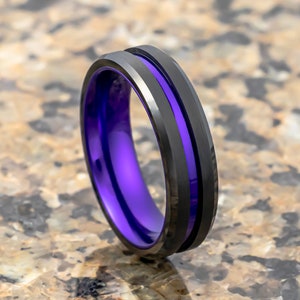 Black & Purple Brush Matte Finish Tungsten Carbide Ring, Beveled Edge Purple Inlay, Wedding Band, 6mm ring