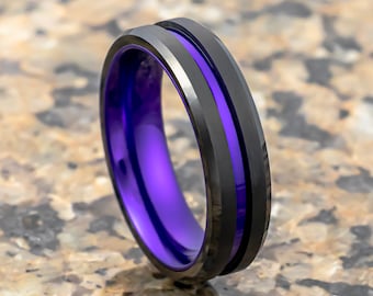 Black & Purple Brush Matte Finish Tungsten Carbide Ring, Beveled Edge Purple Inlay, Wedding Band, 6mm ring