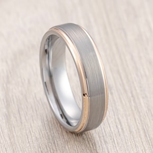 Silver Tungsten Wedding Band Brushed Center, Rose Gold Stepped Edges, Men’s Wedding Band, Engagement Ring, Unique Wedding Ring, 6mm 8mm Ring