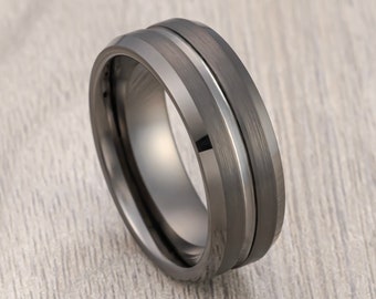 Gunmetal Tungsten Carbide Wedding Band with Beveled Edges Brushed Center, Men’s Wedding Band, Engagement Ring, Unique Wedding Rings 8mm Ring