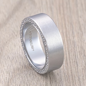 Silver Titanium Men&#39;s Wedding Band With White Diamonds on Both Sides, Men’s Wedding Band, Engagement Ring, Unique Wedding Rings, 8mm Ring