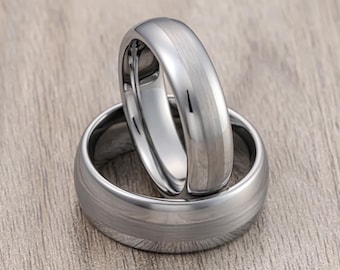 Conjunto de alianzas de boda de carburo de tungsteno, plata cepillada, ajuste cómodo.