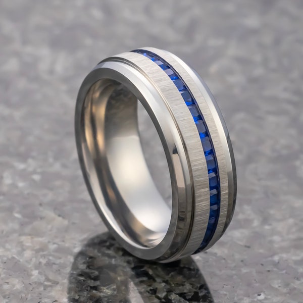 Mens Titanium Wedding Band With Blue Sapphire Titanium Ring Stepped Edges, 8mm Ring