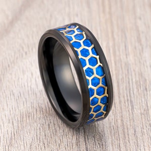 Men&#39;s Tungsten Wedding Band, Gold Honeycomb Cut Out Blue Opal Inlay Ring, Engagement Ring, Anniversary Ring, Men’s Wedding Band 8mm Ring