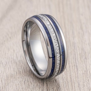 Men's Silver Tungsten Carbide Meteorite Ring, W/ Lapis Lazuli Inlay, Dome Ring, 8mm Ring