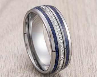 Men&#39;s Silver Tungsten Carbide Meteorite Ring, W/ Lapis Lazuli Inlay, Dome Ring, 8mm Ring