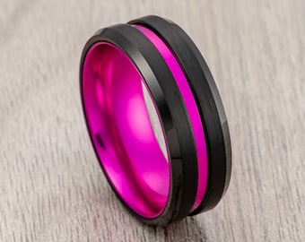 Tungsten Carbide Wedding Band, Black & Pink Brushed Beveled Edge, Men’s Womens Wedding Band, Engagement Ring, Unique Wedding Rings 8mm ring