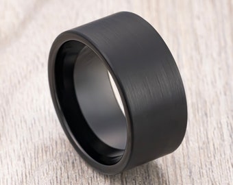 Black Tungsten Carbide Wedding Band with Brushed Center, Flat top ring, Men’s Wedding Band, Engagement Ring, Unique Wedding Rings 12mm Ring.