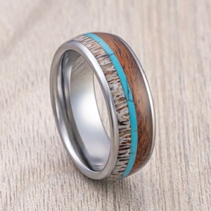 Silver Tungsten Carbide Wedding Band, Blue Turquoise, Deer Antler Ring Koa Wood Center Inlay, Engagement Ring, Men’s Wedding Band, 8mm ring
