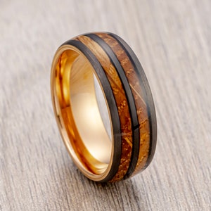 Mens Tungsten Rose Gold Gunmetal wedding Band, Double Whiskey Barrel Wood Ring , Tungsten Ring, 8mm Band