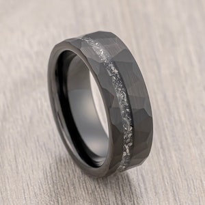 Black Tungsten Carbide Hammered Band With Off Center Black Meteorite Hammered Wedding Ring, Brushed Finish, 8mm Ring