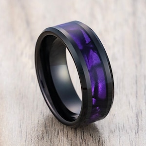 Black Tungsten Ring Faux Purple Tiger Cowrie Inlay Beveled Edges, 8mm Band