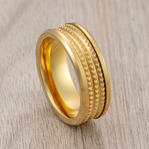 Yellow Gold Tungsten Wedding Band Jagged Center Finish, Beveled Edges, Men’s Wedding Band, Engagement Ring, Unique Wedding Rings 8MM ring