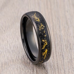Black Tungsten Carbide Wedding Band With Gold Black Meteorite Wedding Ring, Mens Domed Ring, 6mm Ring, Engagement Ring, Anniversary Ring,