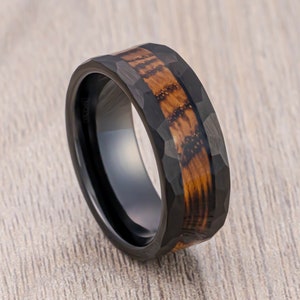 Tungsten Carbide Wedding Band, Whiskey Barrel Wood Ring, Hammered Tungsten Ring, 8mm Band