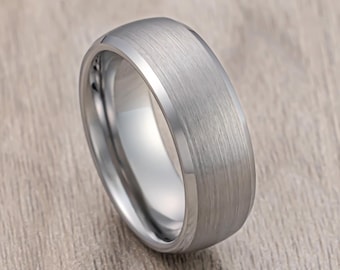 Silver Tungsten Carbide Wedding Band, Brushed Dome Shape Beveled Edges Men’s Wedding Band, Engagement Ring, Unique Wedding Ring, 8mm Ring