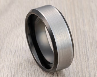 Black Tungsten Carbide Wedding Band Gunmetal Brushed Center Beveled Edges, Men’s Wedding Band, Engagement Ring, Unique Wedding 8mm Ring.