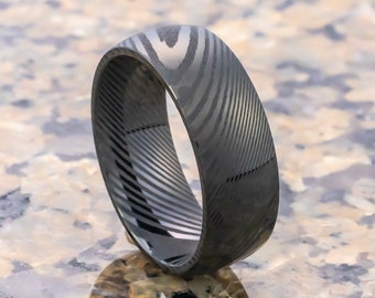 Mens Black Damascus Steel Wedding Band Comfort Fit, Anniversary Ring, Engagement Ring, 8mm