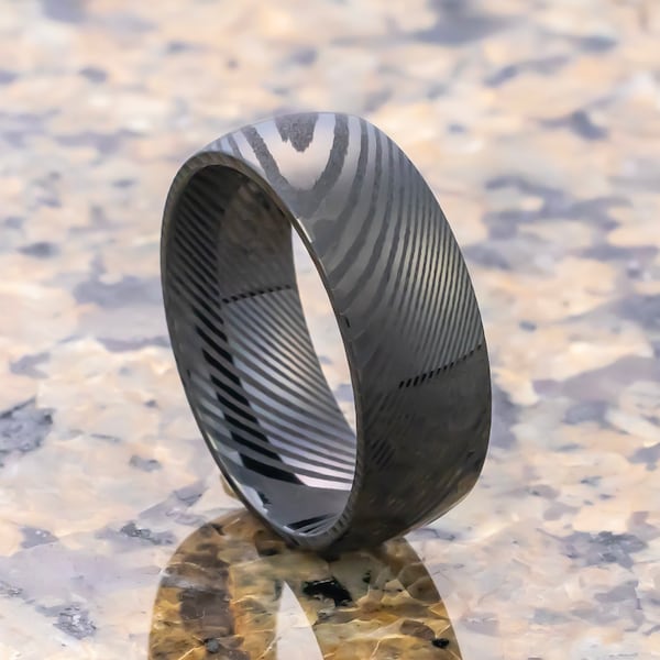 Mens Black Damascus Steel Wedding Band Comfort Fit, Anniversary Ring, Engagement Ring, 8mm