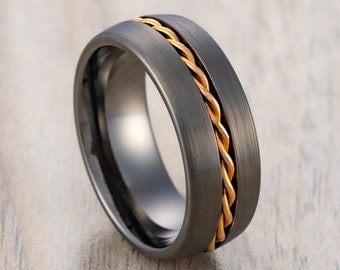 Gunmetal Tungsten Wedding Band Ring With Rose Gold Rope Inlay Dome shape, Men’s Wedding Band, Engagement Ring, Unique Wedding Rings 8mm Band