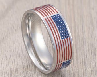 Patriotic Stainless Steel Ring With Enamel Painted America Flag. American Flag Ring, Stainless Steel Wedding Band, 8mm ring