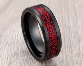 Schwarz & Rot Wolfram Ehering, roter keltischer Drachen Ring, Verlobungsring, Comfort Fit, Herren Ehering, keltischer Ehering 8mm Ring