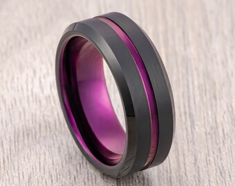 Black & Plum Purple Brushed Tungsten Carbide Wedding Band, Beveled Edge, Men’s Wedding Band, Engagement Ring, Unique Wedding Rings 8mm ring