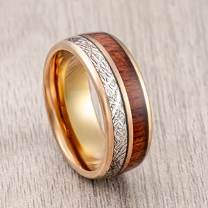 Rose Gold Tungsten Carbide Wedding Band, Dome Ring With Faux Meteorite & Koa Wood Inlay, Men’s Wedding Band, Engagement Ring, 8mm Ring