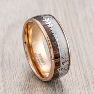 Rose Gold Tungsten Wedding Band Mens, Deer Antler Ring, Koa Wood Inlay, Arrow Ring, 8mm ring
