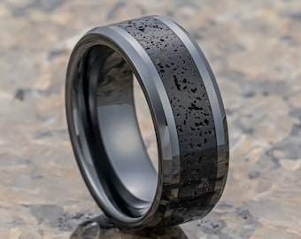 Black Ceramic Wedding Band with Black Gray Lava Rock Stone Inlay, Men’s Wedding Band, Engagement Ring, Unique Wedding Rings 6mm 8mm Rings