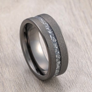 Gunmetal Tungsten Wedding Band, Sandblasted Finish, Off Center Black Meteorite, Men’s Wedding Band, Engagement Ring, Unique Rings, 8mm Ring