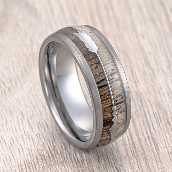 Silver Tungsten Wedding Band Mens, Deer Antler Ring, Koa Wood Inlay, Arrow Ring, Brushed Dome Edges, 8mm Ring