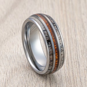 Silver Tungsten Carbide Wedding Band, Dome Deer Antler Ring Koa Wood Center Inlay, Engagement Ring, Men’s Wedding Band, Unique 8mm ring