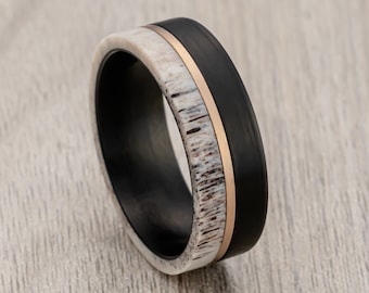 Alianza de boda de carburo de tungsteno negro, anillo de asta de ciervo, incrustación de oro rosa, anillo de compromiso, alianza de boda para hombre, anillo de boda único, anillo de 8 mm