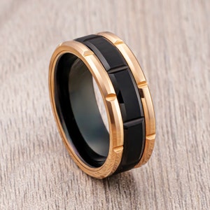 Black & Rose Gold Tungsten Wedding Band, Brick Pattern Brushed Center, Men’s Wedding Band, Engagement Ring, Unique Wedding Rings, 8mm Ring