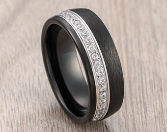 Alianza de boda de carburo de tungsteno negro, circonita cúbica totalmente apilada, forma de cúpula, ajuste cómodo, anillo de 8 mm