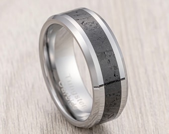 Men’s Polished Tungsten Wedding Band with Black Gray Lava Rock Stone Inlay &  Beveled Edges - 8mm