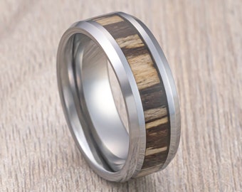 Silver Tungsten Wedding Band, Real Zebra Wood Inlay Beveled Edges, Men’s Wedding Band, Engagement Ring, Unique Wedding wood ring 8mm Band