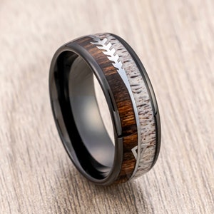 Black Tungsten Wedding Band Mens, Deer Antler Ring, Koa Wood Inlay, Arrow Ring, 8mm Ring