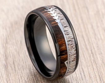 Black Tungsten Wedding Band Mens, Deer Antler Ring, Koa Wood Inlay, Arrow Ring, 8mm Ring